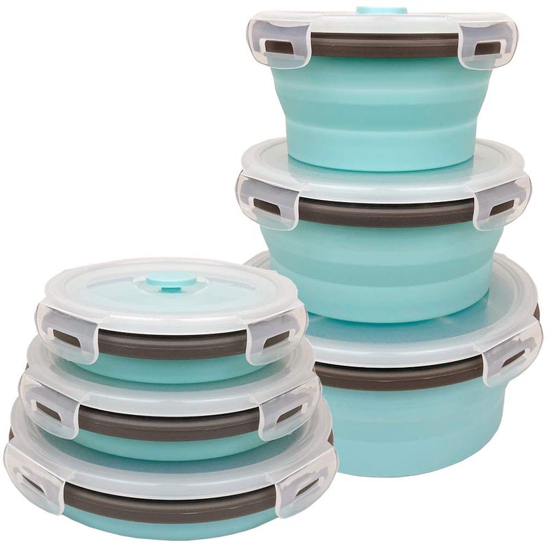 CARTINTS Blue Silicone Collapsible Food Storage Containers-Prep/Storage Bowls with Lids - Round Silicone Lunch Containers - Microwave and Freezer Safe Set of 3 - Image 1